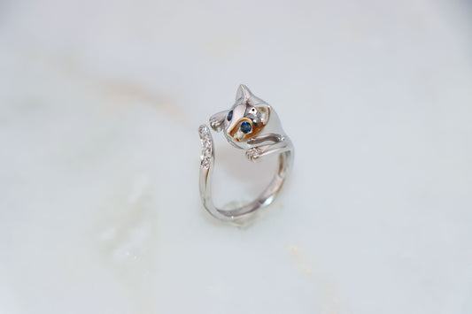 Whimsical Cat 14K White Gold Diamond Ring